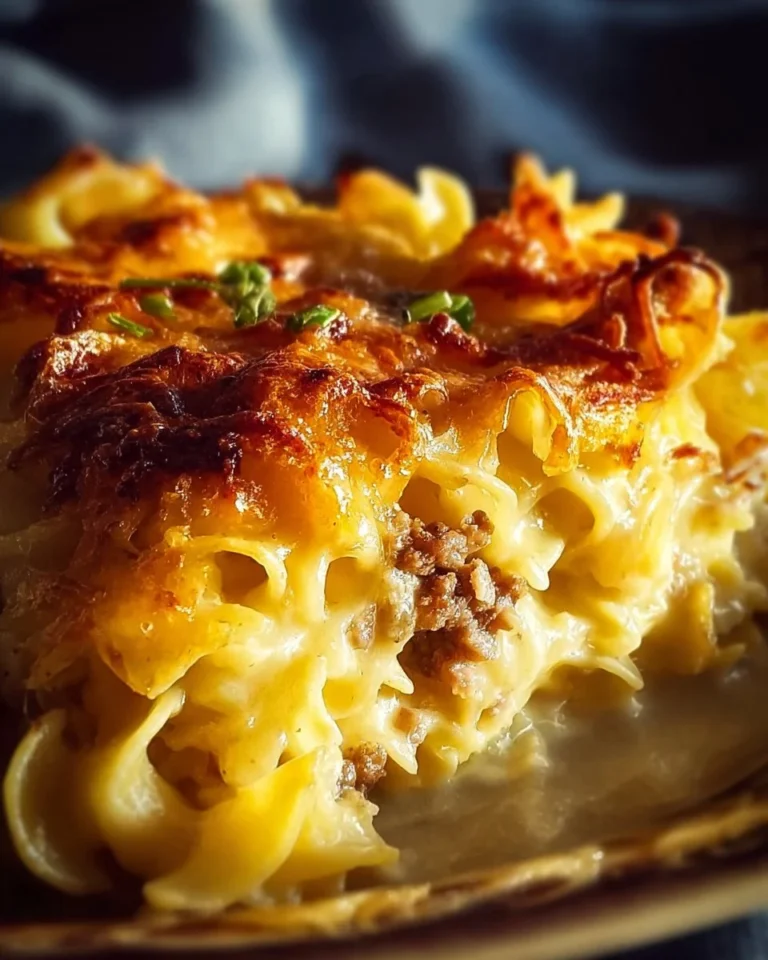 Delicious serving of hearty sour cream noodle bake with pasta and creamy sauce.