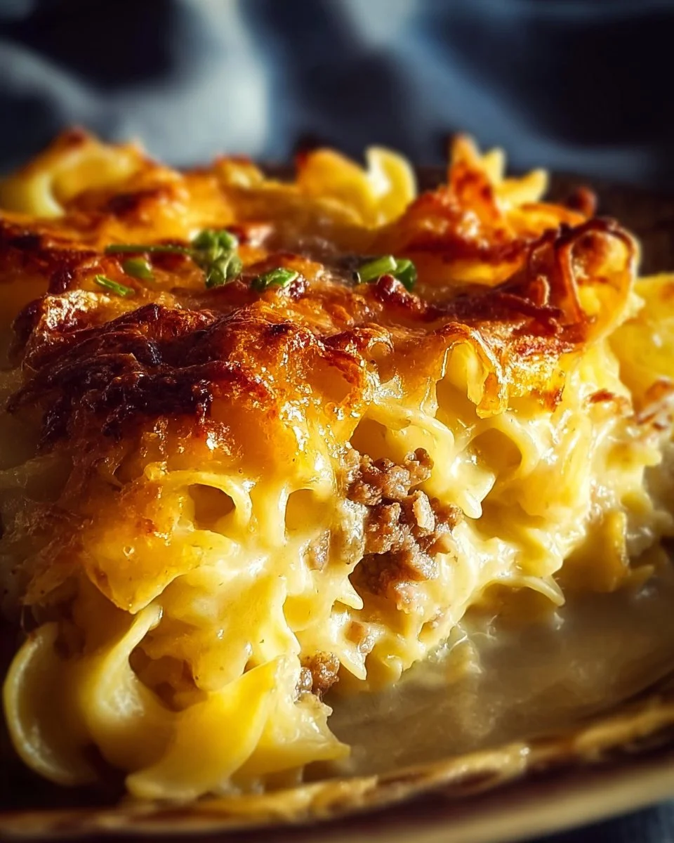Delicious serving of hearty sour cream noodle bake with pasta and creamy sauce.