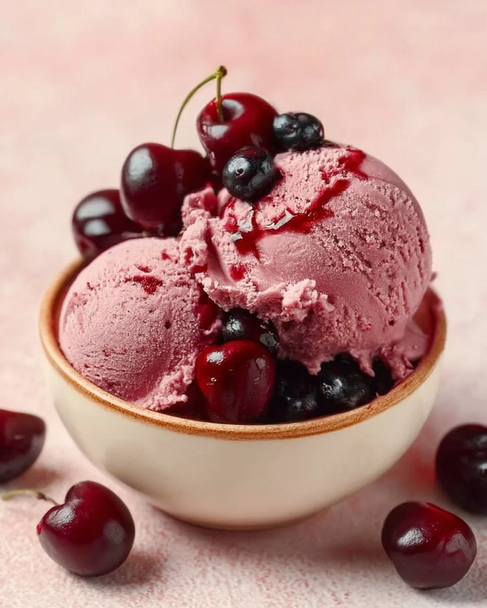 Bowl of homemade Cherry Garcia nice cream with cherry pieces and chocolate flakes