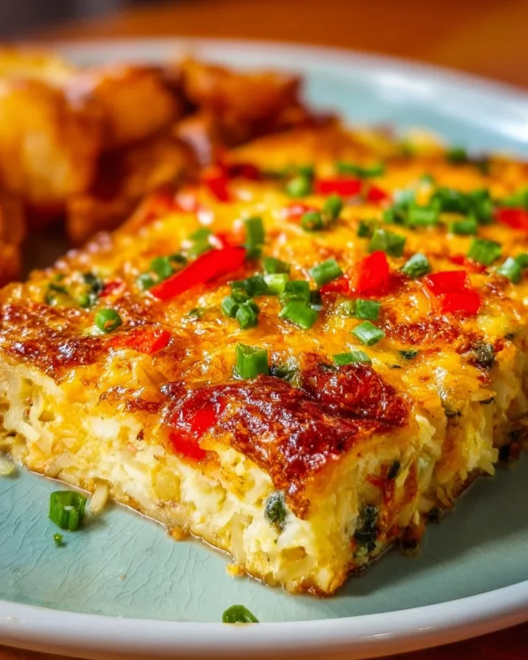 Homemade veggie egg casserole with hash browns, garnished and served in a baking dish.