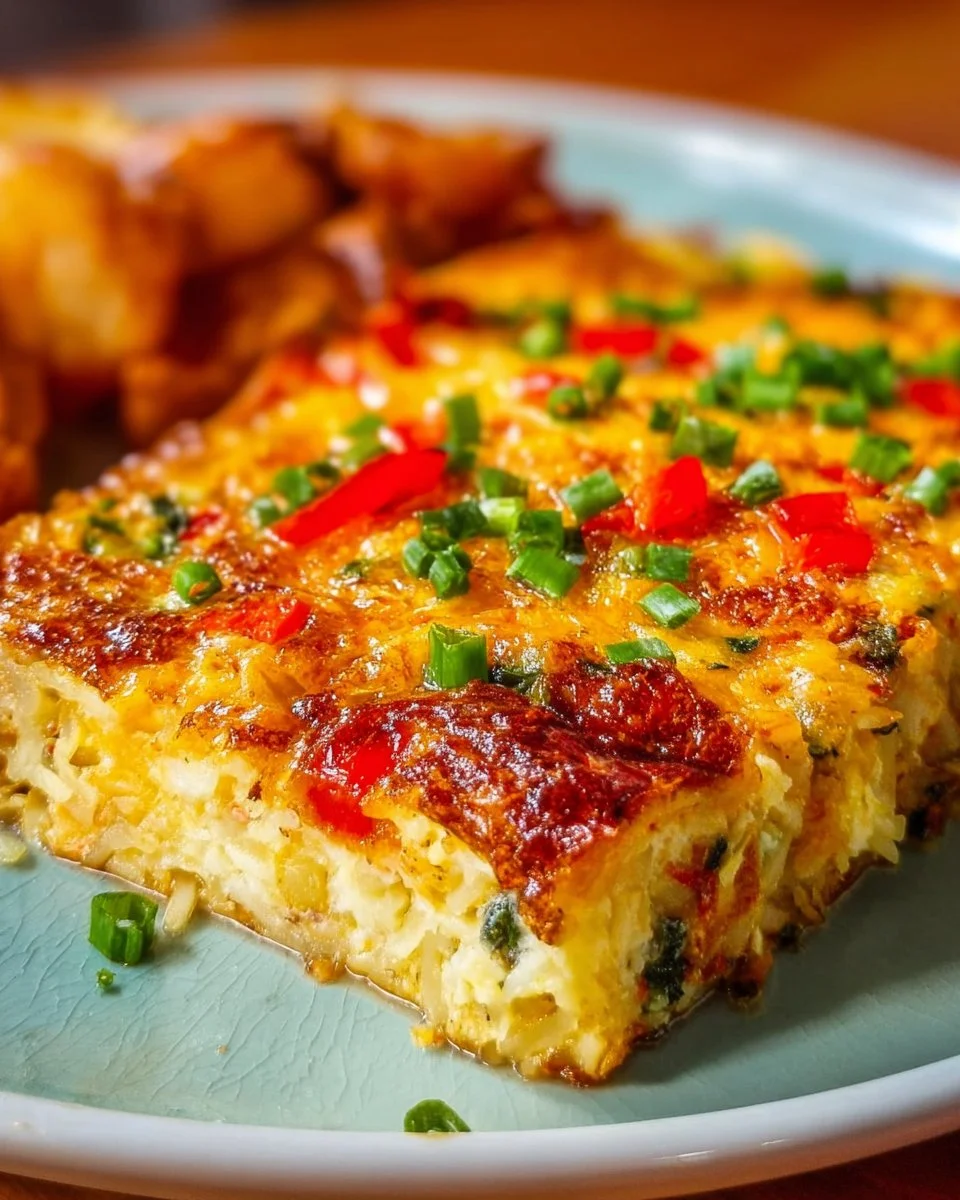 Homemade veggie egg casserole with hash browns, garnished and served in a baking dish.