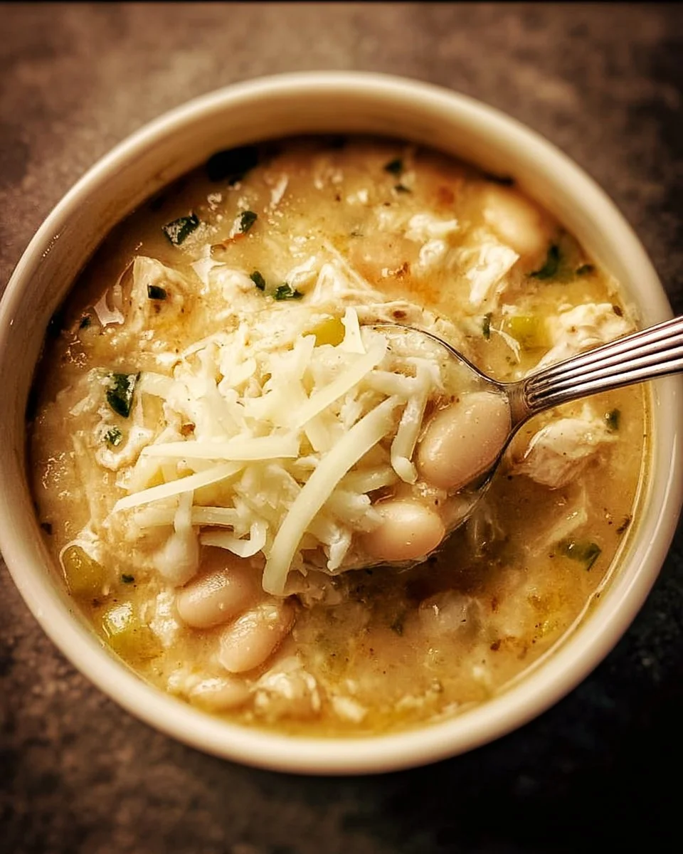 Delicious homemade white chicken chili topped with Monterey Jack cheese in a bowl