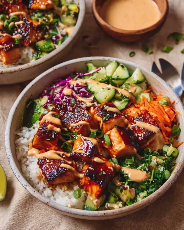 Honey sriracha glazed salmon bowl with vegetables and rice