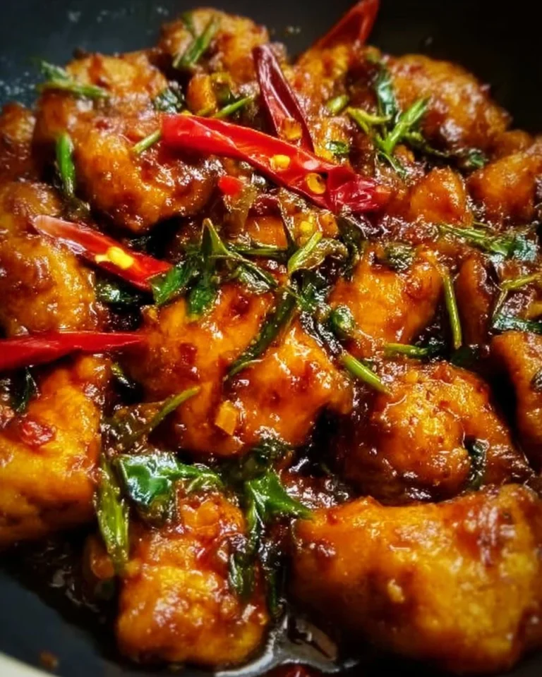 Delicious hot and tangy devilled chicken served on a plate