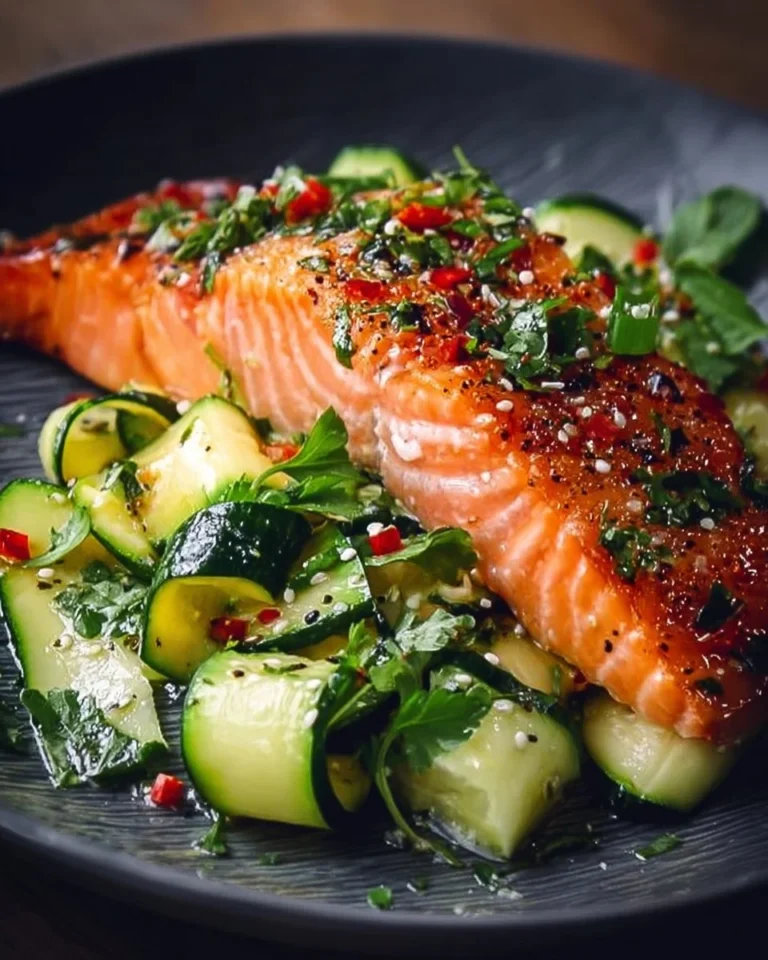 Hot smoked salmon served with a fresh zucchini salad on a plate