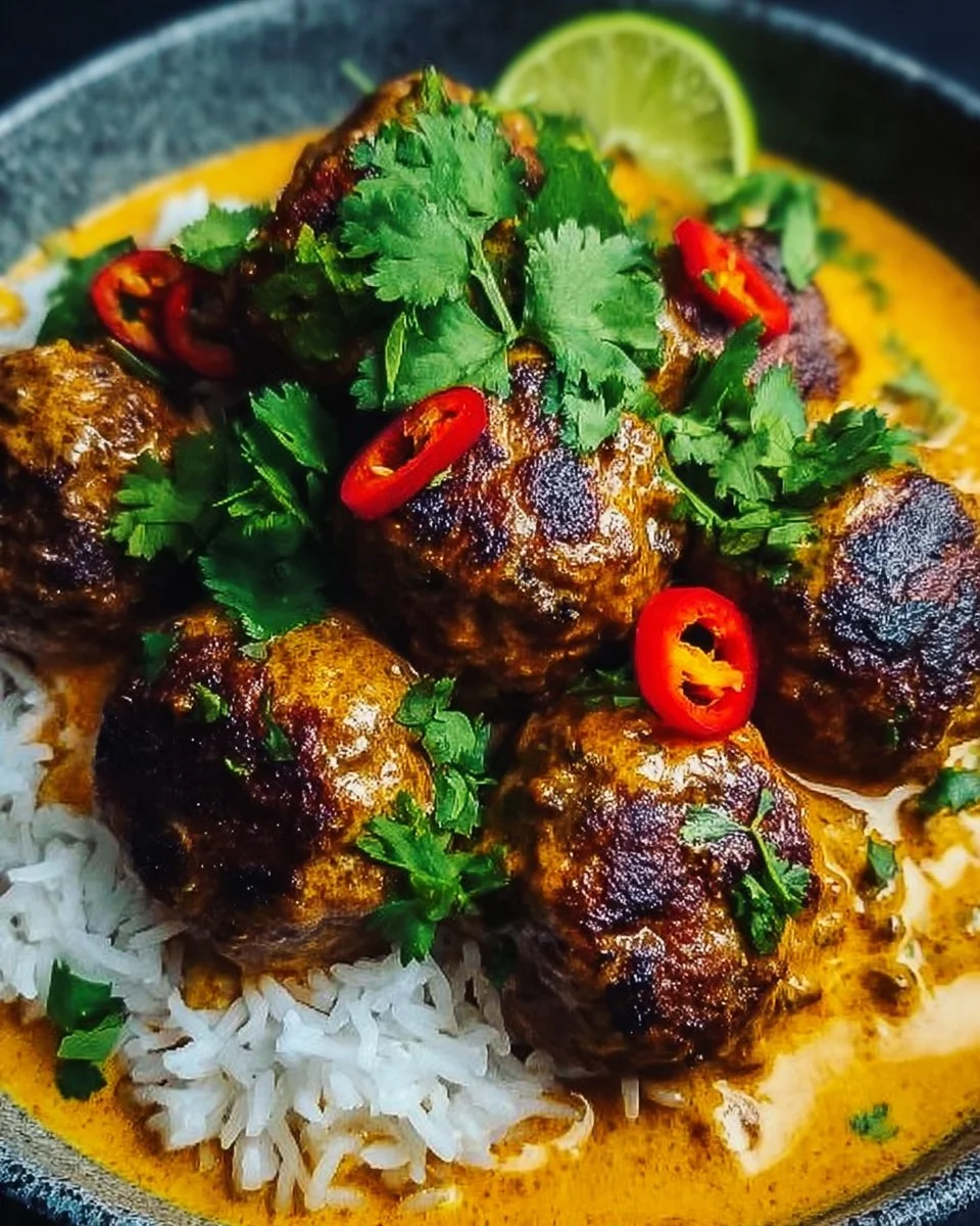 Jerk meatballs in coconut curry sauce garnished with fresh herbs