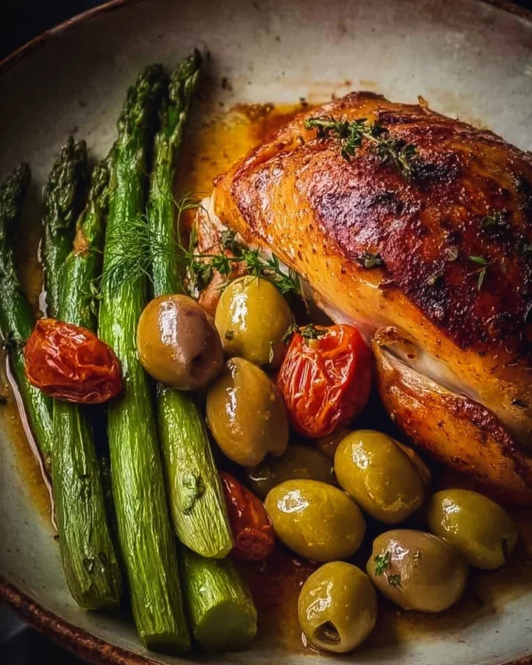 Juicy roasted chicken served with asparagus and green olives on a plate