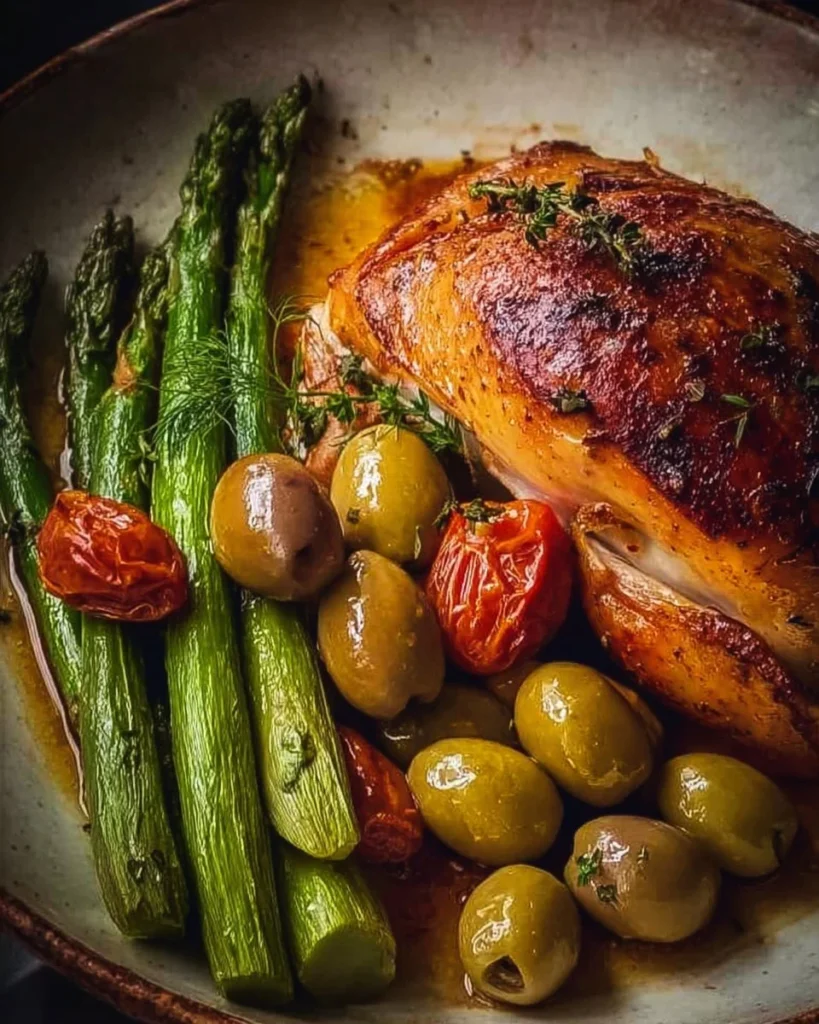 Juicy roasted chicken served with asparagus and green olives on a plate
