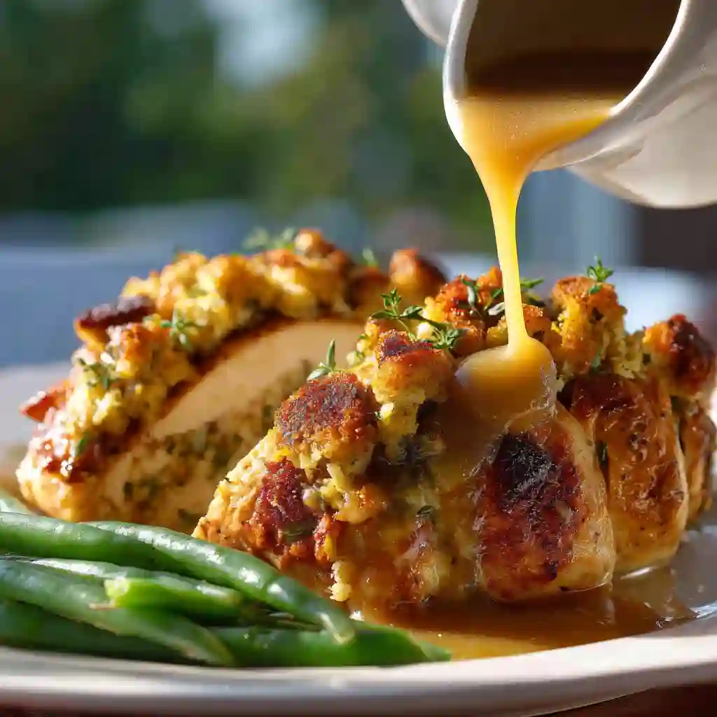 Stuffing stuffed chicken breasts with gravy and green beans