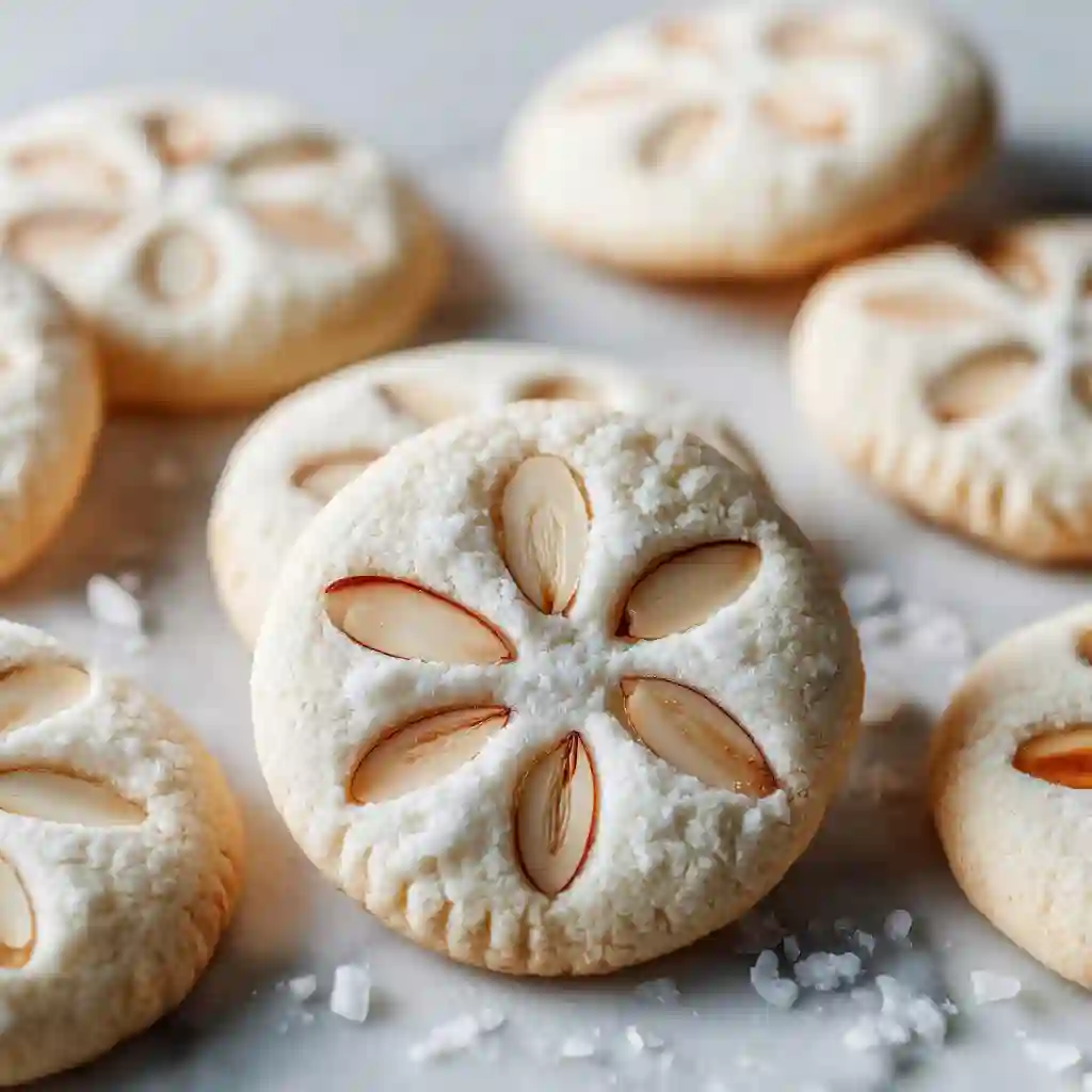Sand Dollar Cookies with almond slices on marble surface