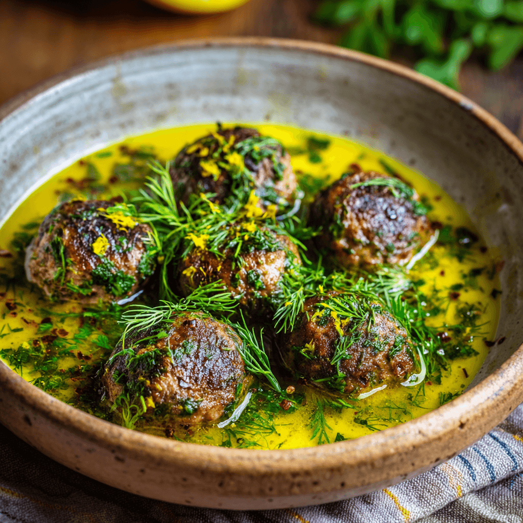 Plate of soft and juicy Greek meatballs in lemon sauce