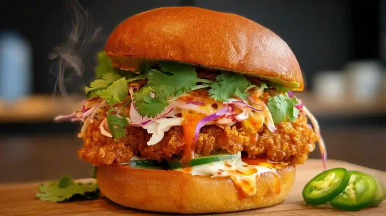 Thai fried chicken sandwich with crispy coating and fresh Thai toppings