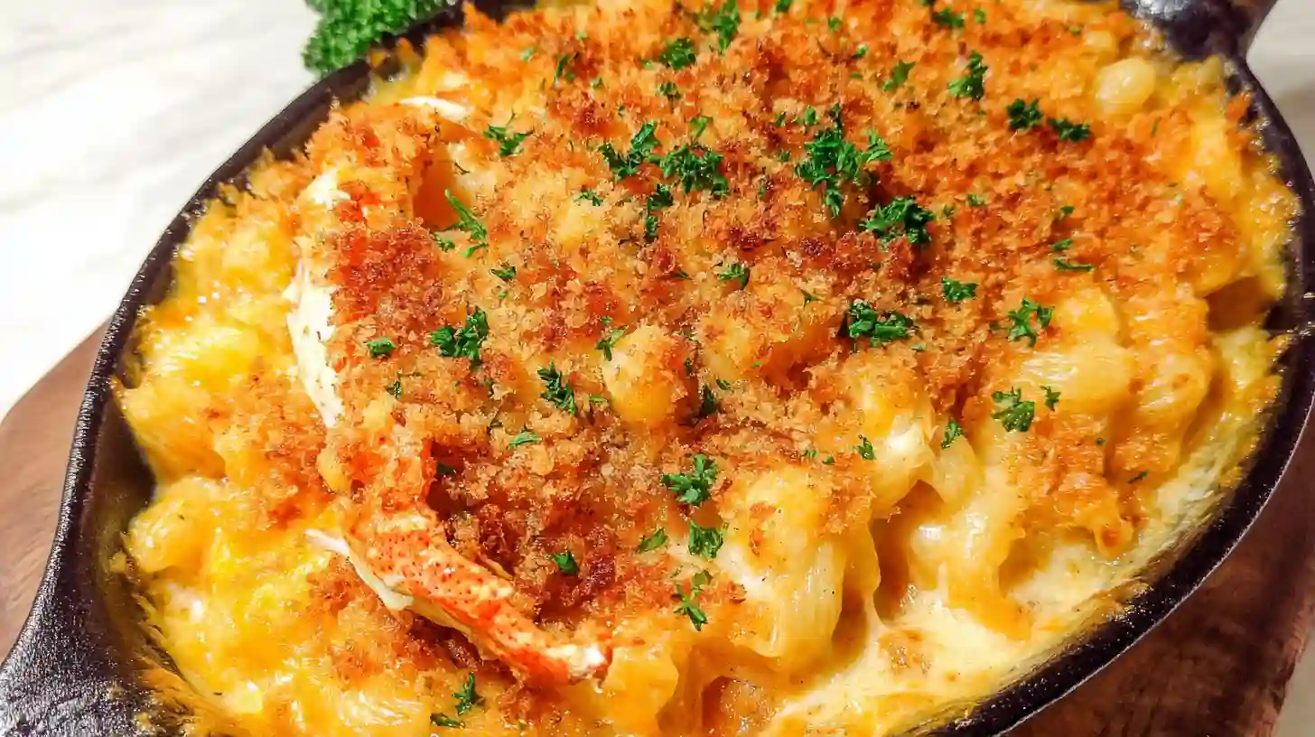 Crab macaroni and cheese with tender pasta, creamy cheese sauce, juicy crab meat and a golden breadcrumb topping
