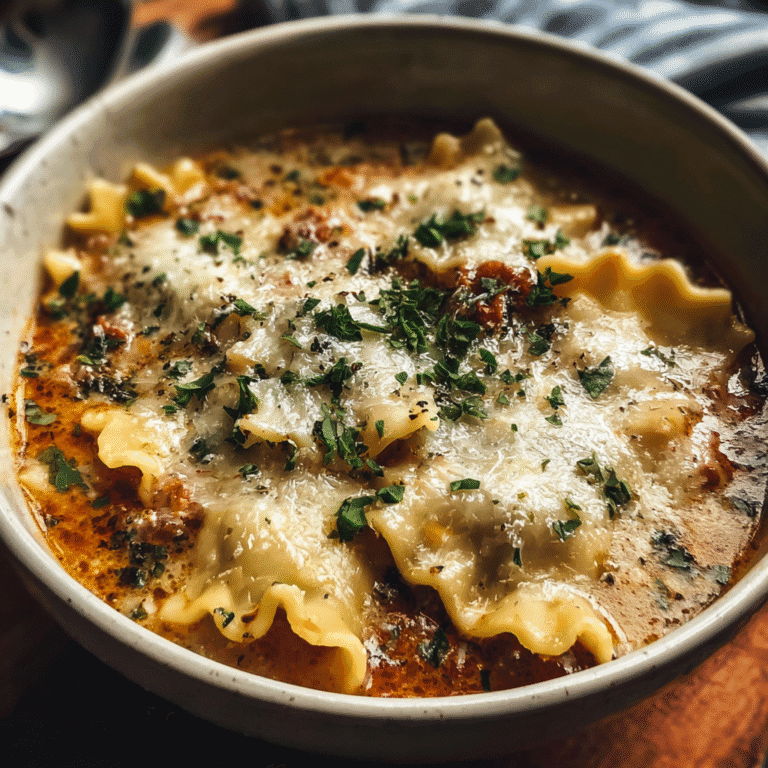 Bowl of easy creamy lasagna soup topped with cheese and herbs