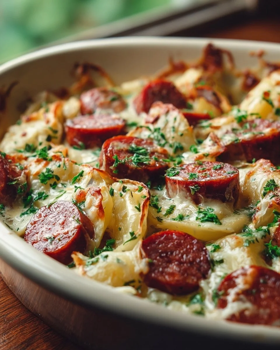 Delicious Kielbasa and Pierogi Bake served in a rustic dish