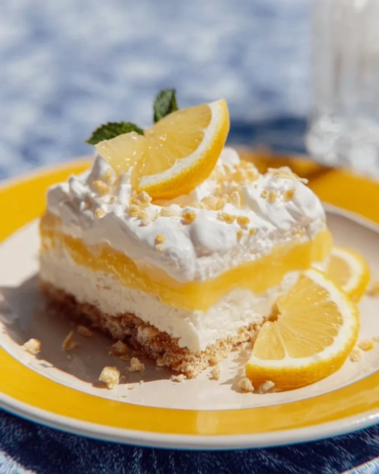 Delicious lemon lush dessert layered with creamy filling and topped with lemon zest.