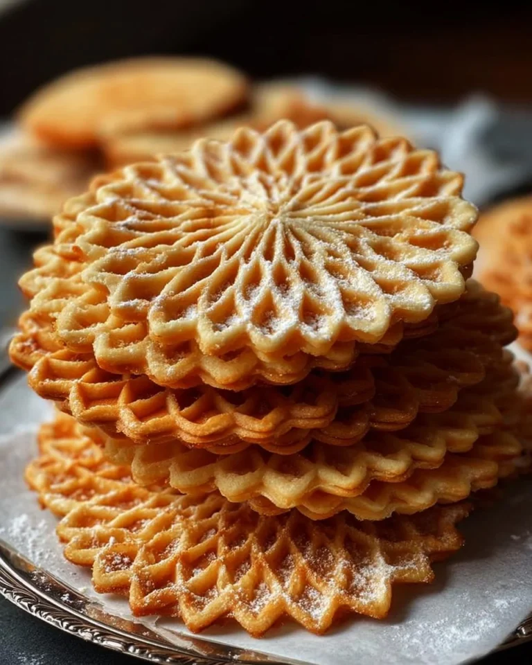 Light and crispy Italian Pizzelle cookies on a plate