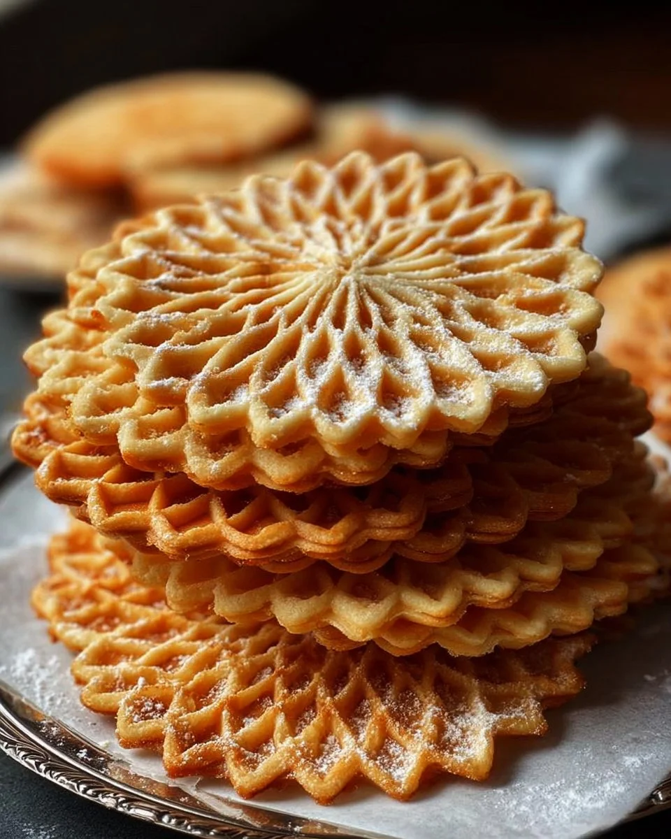 Light and crispy Italian Pizzelle cookies on a plate