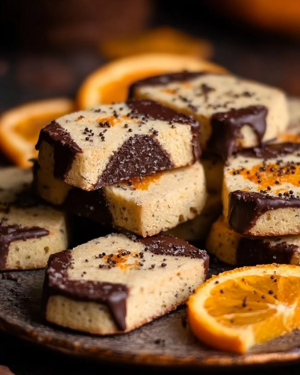 Melt-in-your-mouth chocolate orange shortbread cookies on a plate