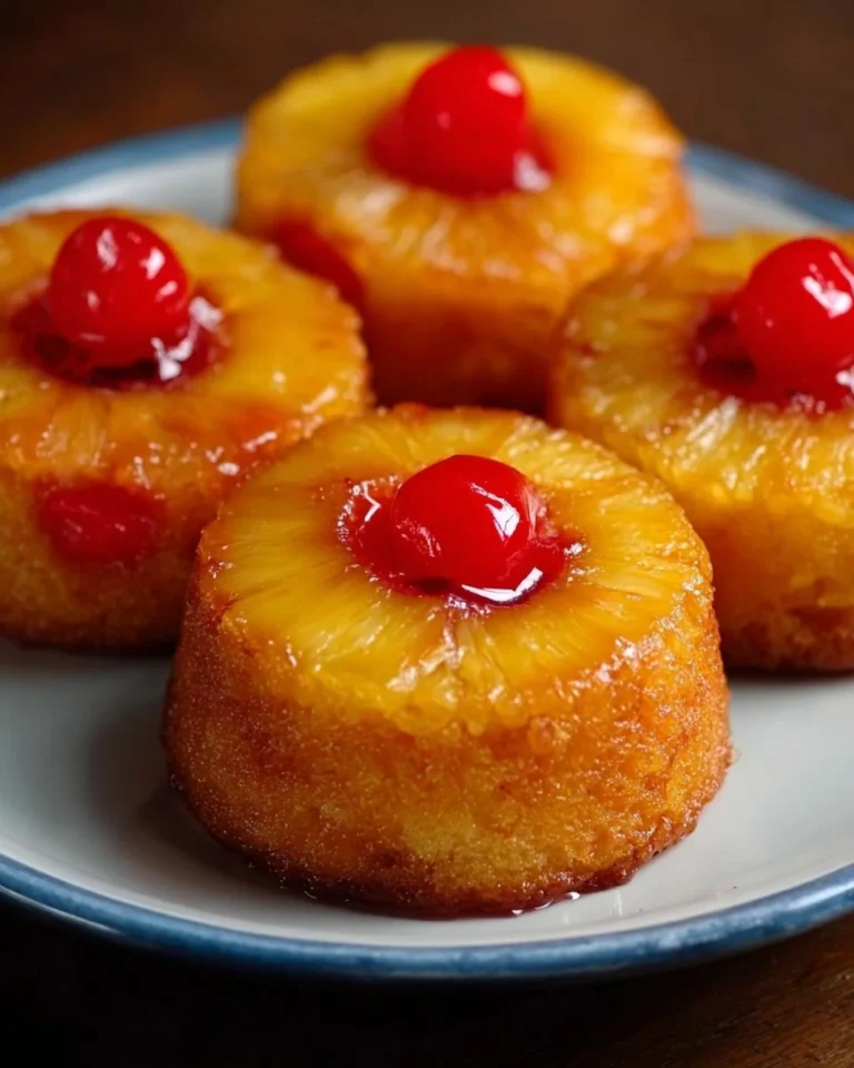 Mini Pineapple Upside Down Cakes displayed on a plate with vibrant cherries