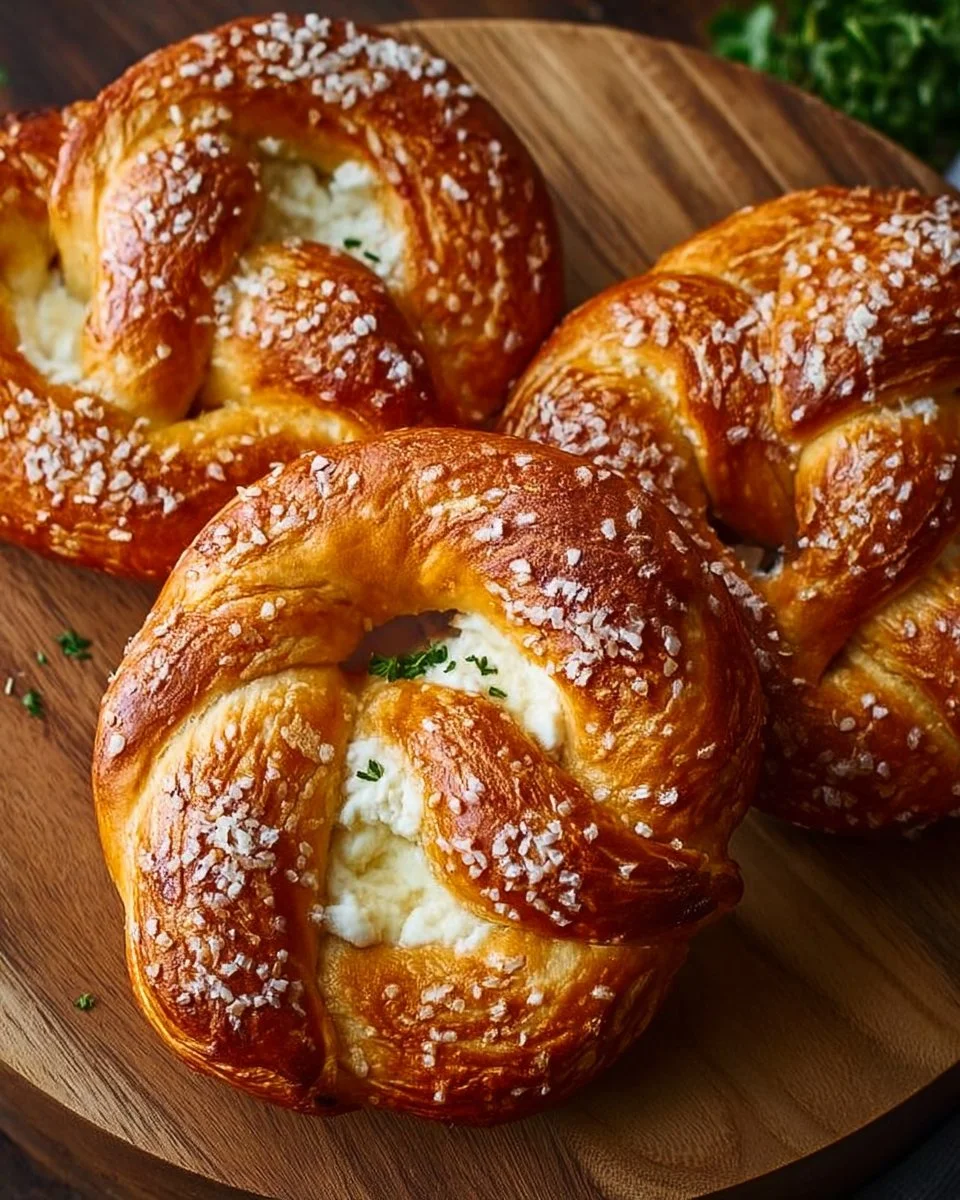 Mozzarella stuffed soft pretzels ready to be served with melted cheese inside