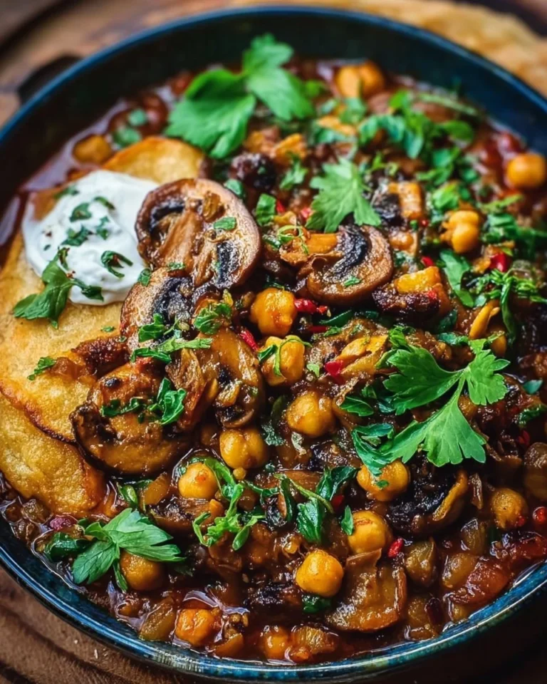 A bowl of Mushroom and Chickpea Makhlama garnished with fresh herbs.