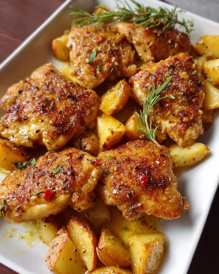 One-Pan Crispy Honey Dijon Chicken served with herbs and vegetables