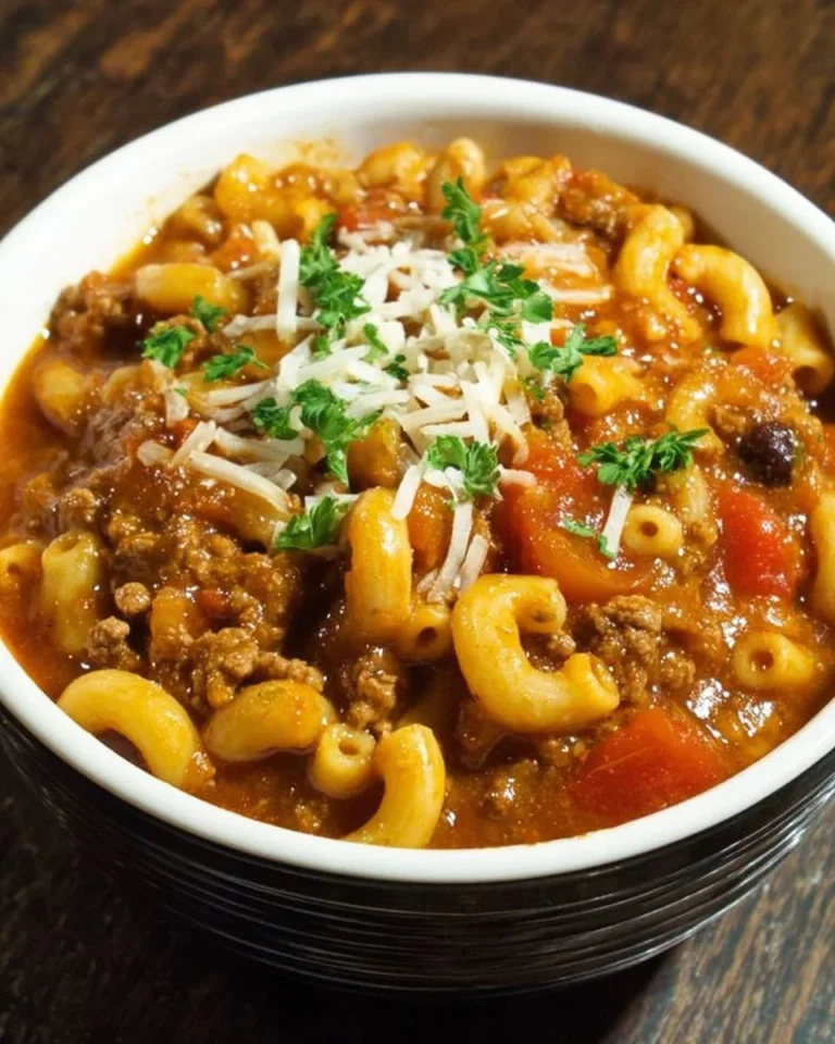 One pot mac chili dish served in a bowl with toppings.