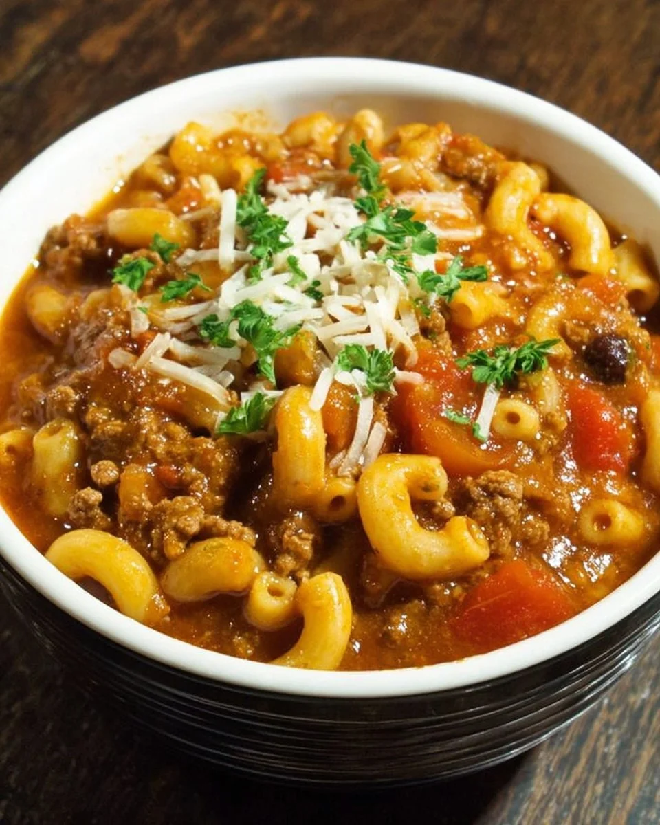 One pot mac chili dish served in a bowl with toppings.