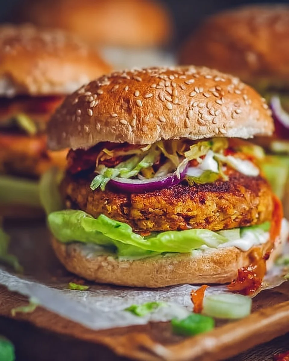 Oven-baked cabbage burgers on a plate garnished with fresh herbs.