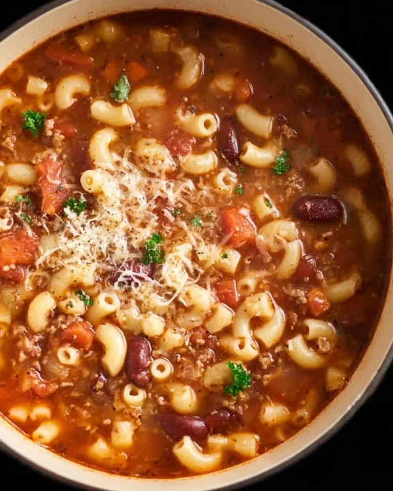 Bowl of hearty Pasta and Beans Soup with fresh herbs.
