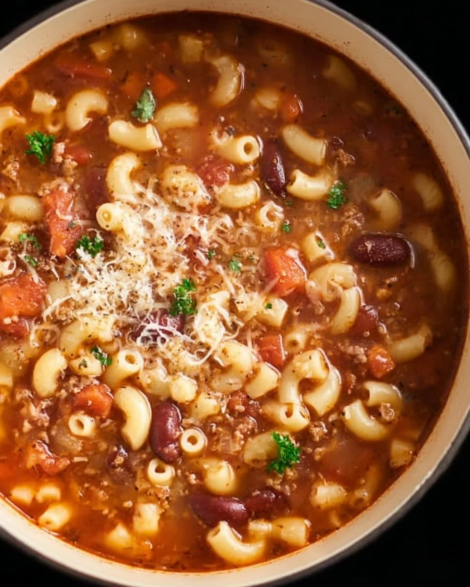 Bowl of hearty Pasta and Beans Soup with fresh herbs.