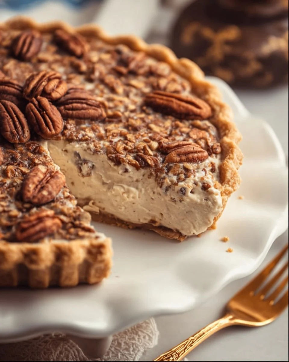 Delicious Pecan Cream Pie topped with whipped cream and pecans