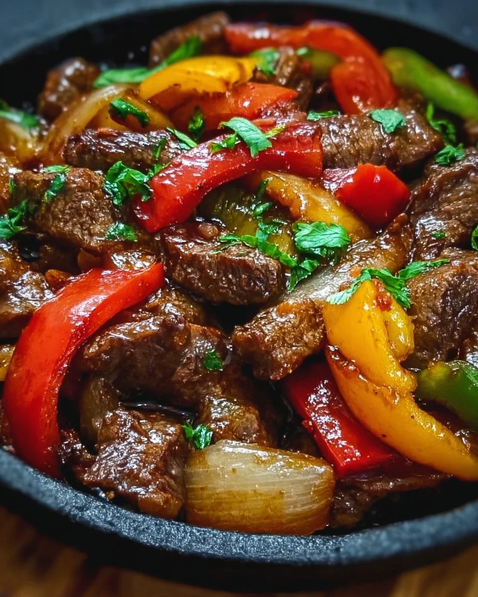 Delicious Pepper Steak served with colorful bell peppers and aromatic spices.