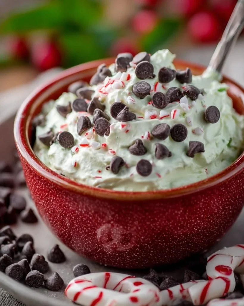 Peppermint Chocolate Chip Dessert Dip in a bowl with fresh mint and chocolate chips