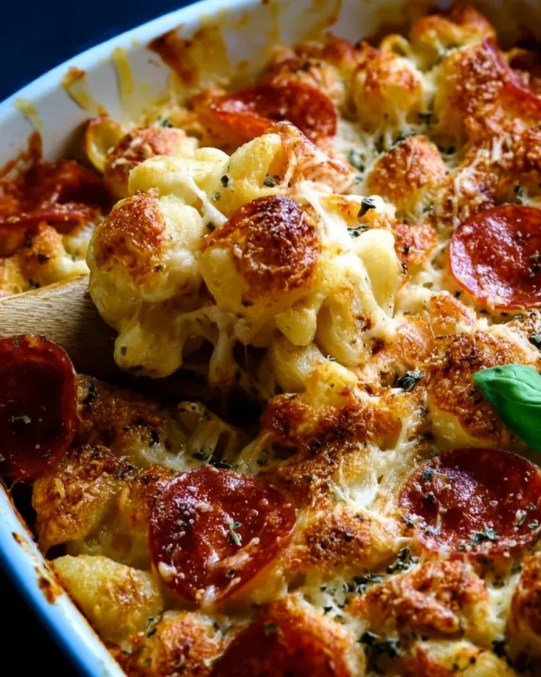 Baked pepperoni pasta served in a dish, topped with melted cheese and herbs.
