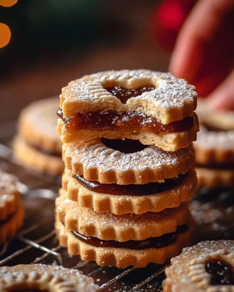 Delicious Dulce de Leche Linzer Cookies on a wooden surface
