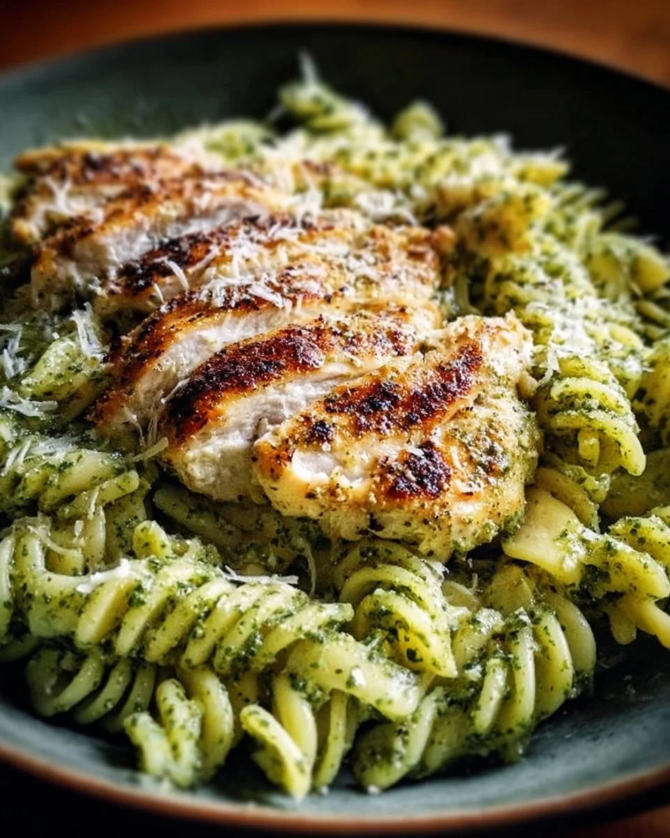Pesto Pasta with Parmesan Chicken served in a bowl, garnished with fresh basil.