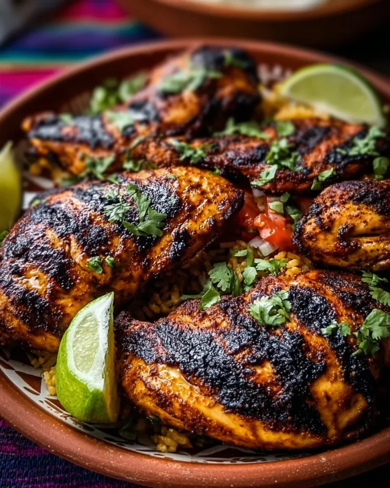 A delicious plate of Pollo Asado garnished with lime and served with rice.