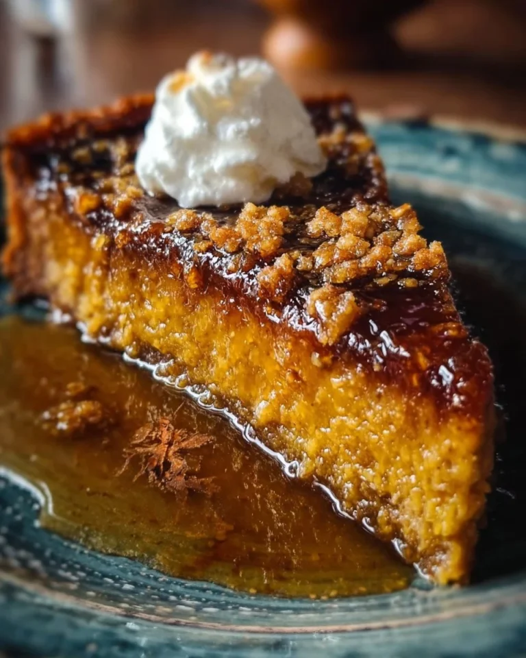 Delicious Pumpkin Crunch Crème Brûlée Cake topped with caramelized sugar crust