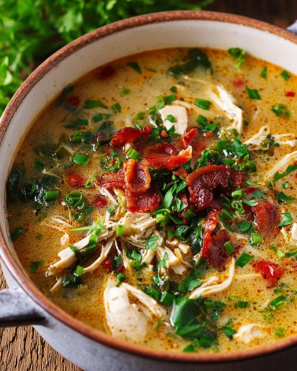 Bowl of rich keto crack chicken soup topped with herbs and spices