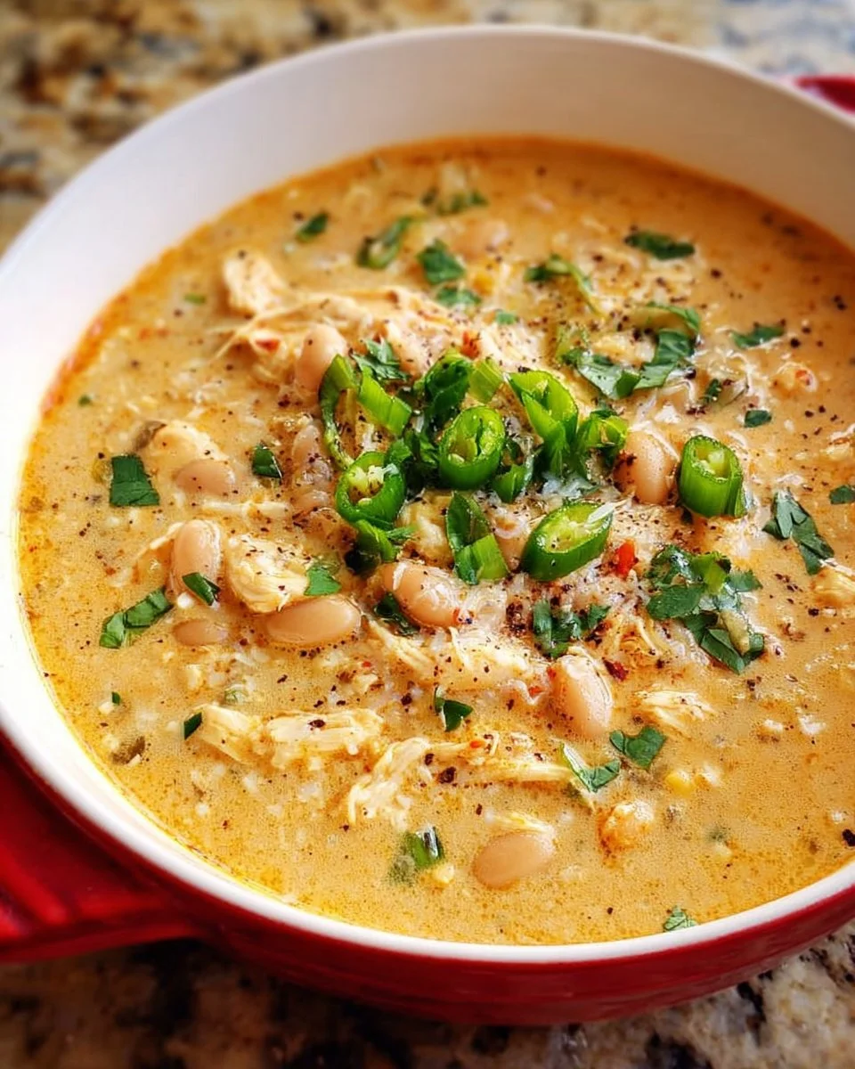 Bowl of Rich Queso White Chicken Chili topped with cilantro and cheese