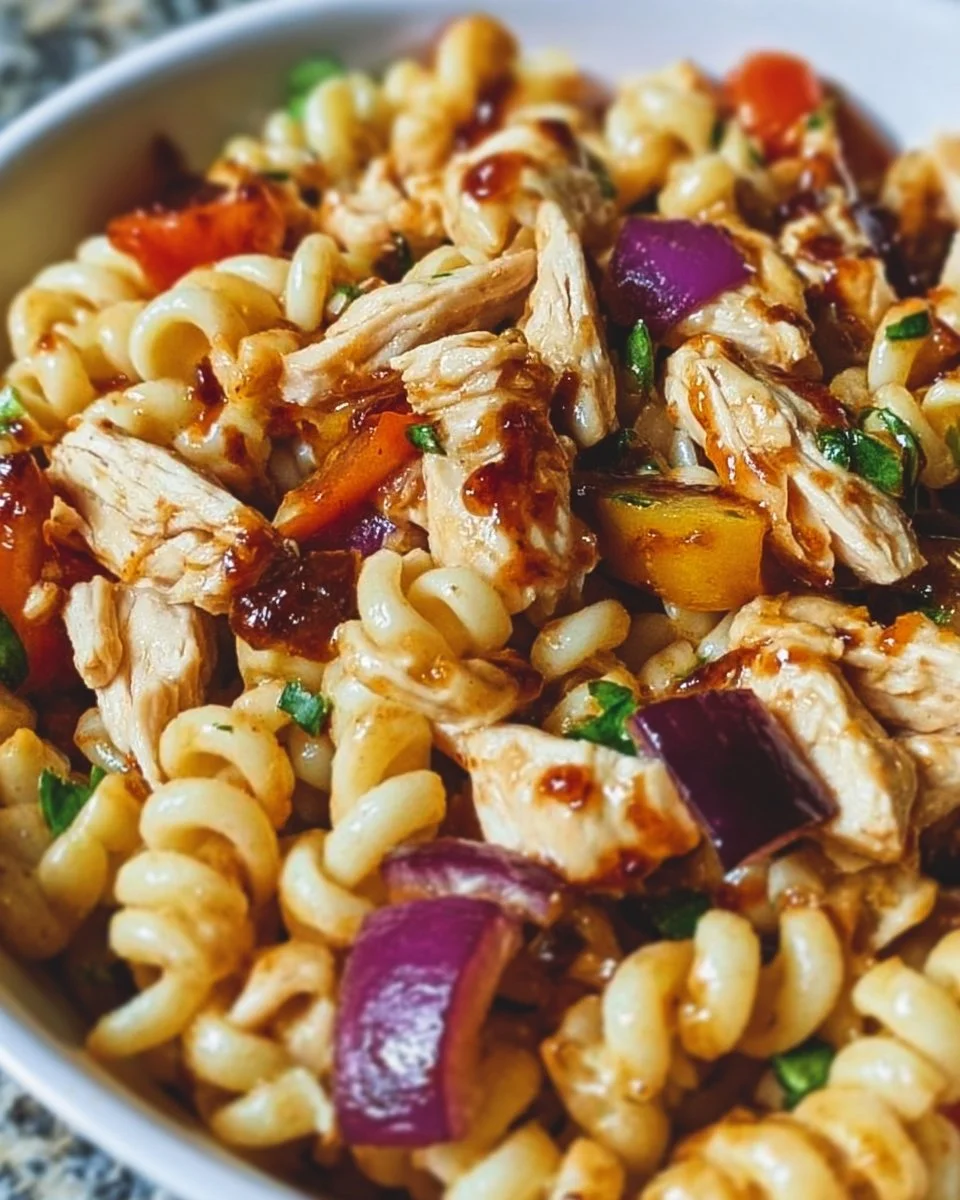Colorful serving of BBQ chicken pasta salad with fresh ingredients
