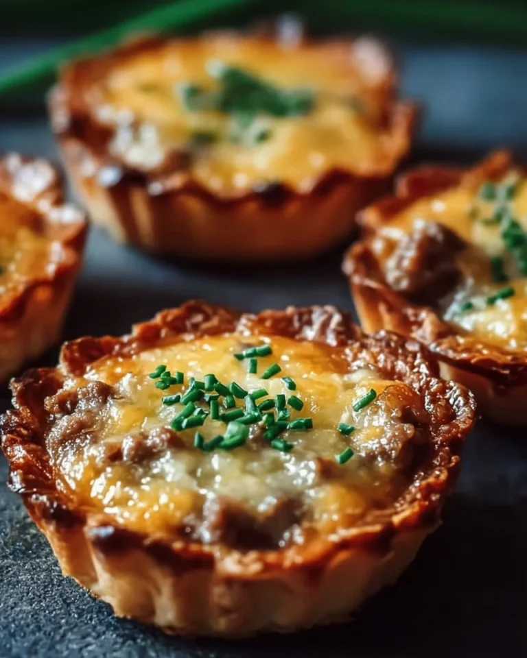 Savory beef and cheddar tartlets served on a rustic wooden table.