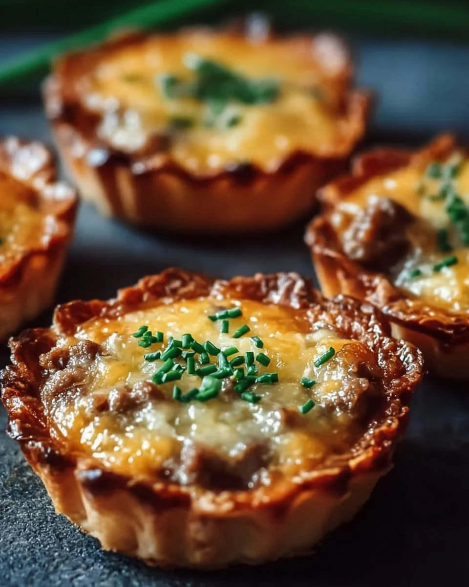 Savory beef and cheddar tartlets served on a rustic wooden table.