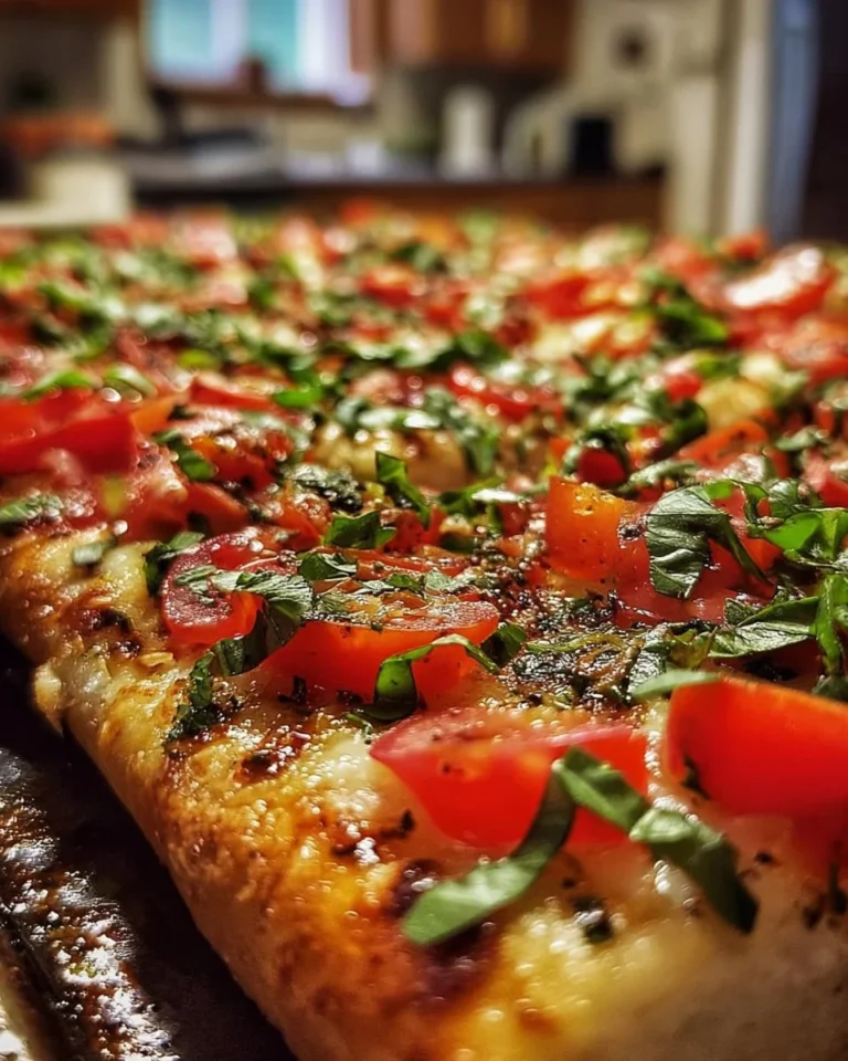 Delicious Savory Bruschetta Pizza topped with fresh tomatoes and basil