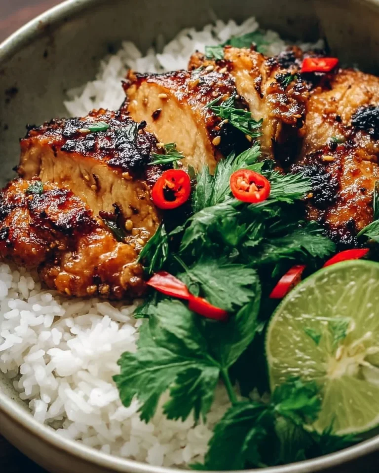 Plate of Vietnamese lemongrass chicken garnished with fresh herbs