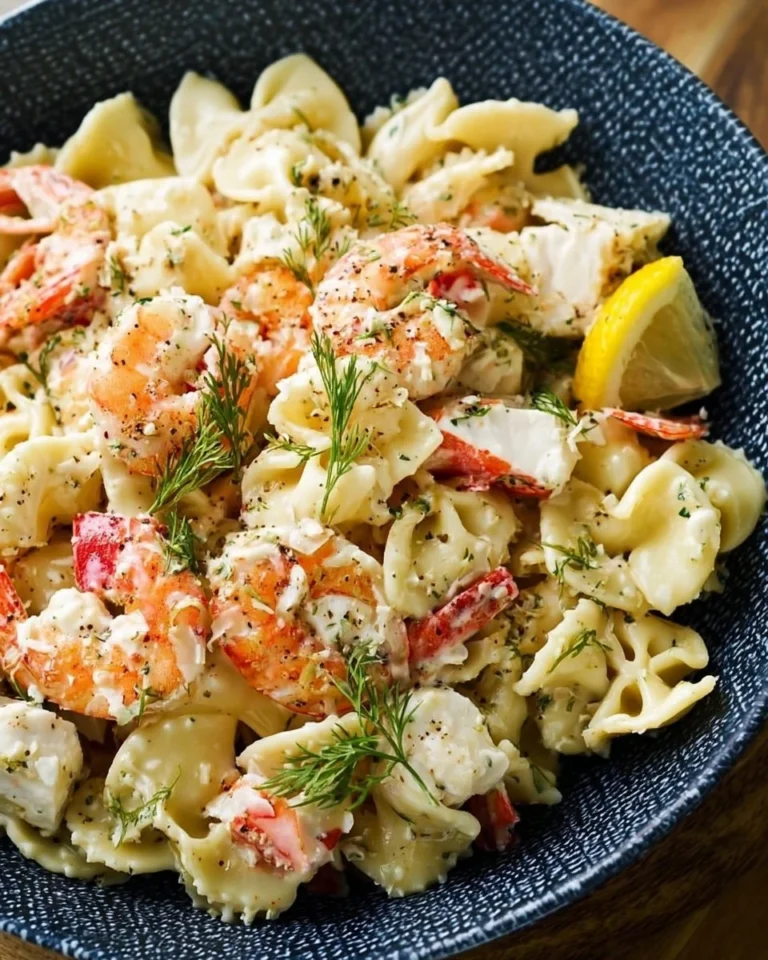 Fresh seafood pasta salad with shrimp, pasta, and colorful vegetables