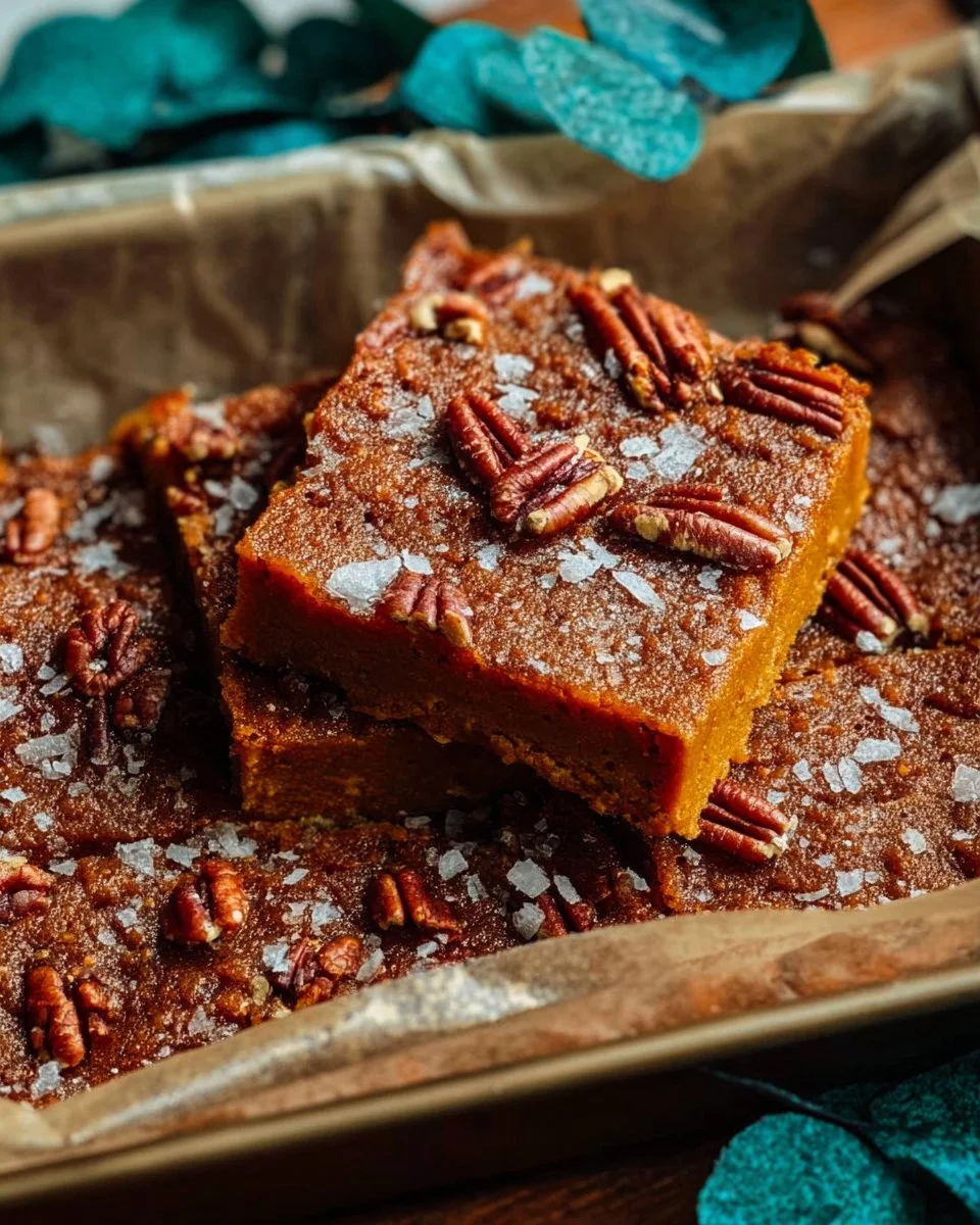 Delicious sheet pan pumpkin pie bars topped with whipped cream on a rustic table