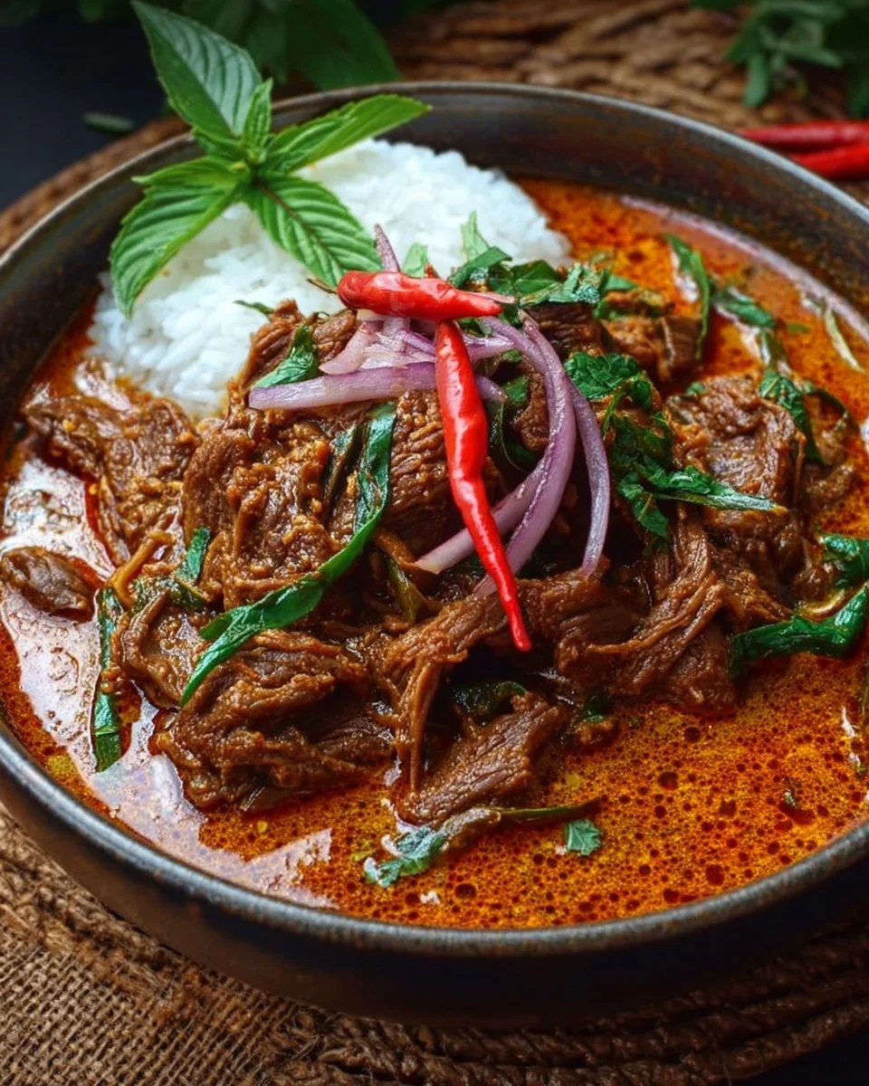 Delicious plate of shredded beef curry garnished with fresh herbs.